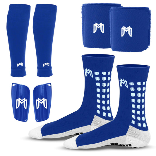 MediCaptain Soccer Grip Socks Shin Guards Pre Cut Sock Sleeves and Guard Straps Bundle Pack - Essential Equipment for Soccer Players - for Mens Women Youth Size 7 to 12 US Men Shoe Size (Blue)