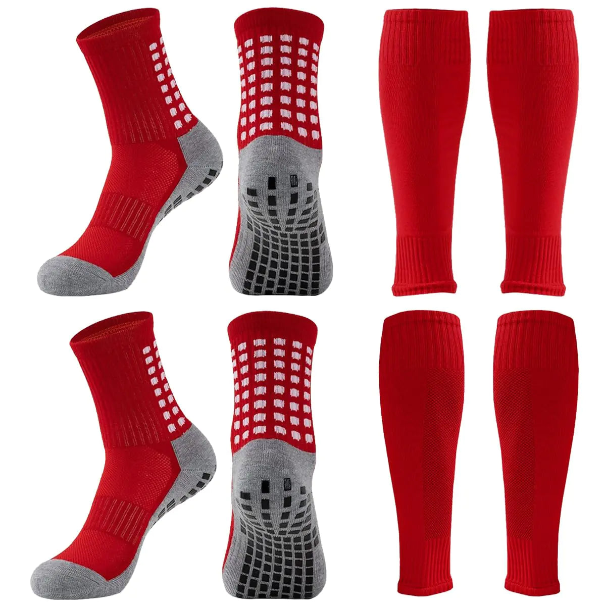 Athletic Grip Socks and Shin Guard Sleeves Set for Soccer Football Basketball (2 Set: Red Men:6-11 / Women: 7-12)